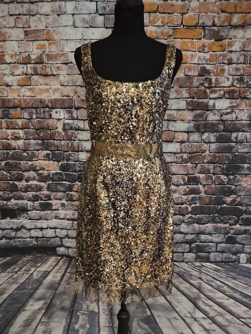 Elie Tahari Gossip Girl Y2K Metallic Gold Sequin Scoop-Neck Mini Dress